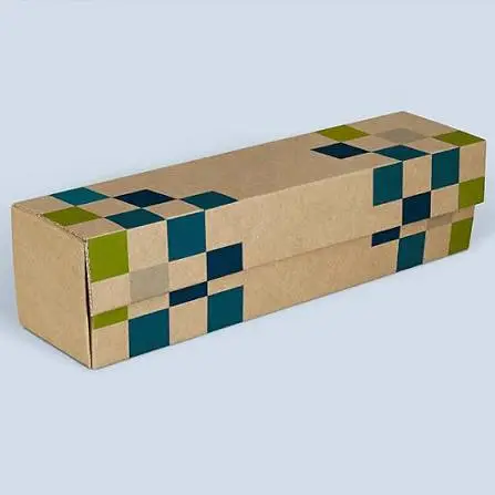 Étui en carton kraft allongé pour bouteille de vin avec motifs géométriques imprimés sur mesure pour le Domaine Gérald Besse.