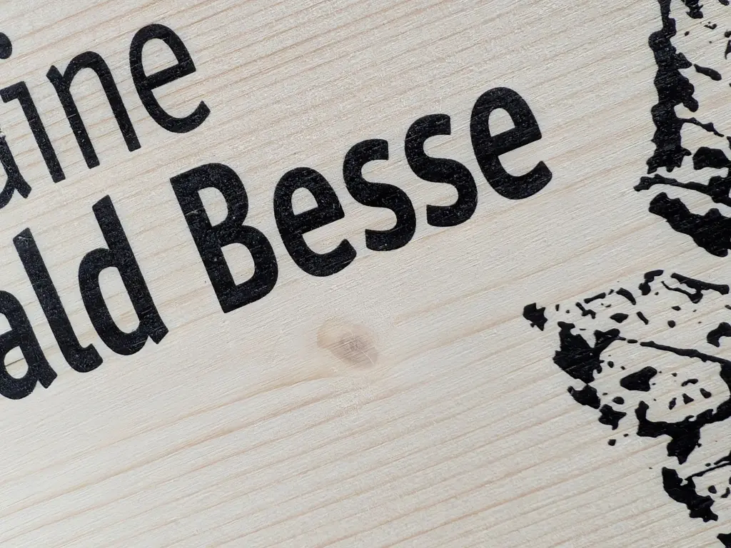 Gros plan sur le bois clair gravé en noir avec le marquage du logo du Domaine Gérald Besse pour une caisse en bois personnalisée.