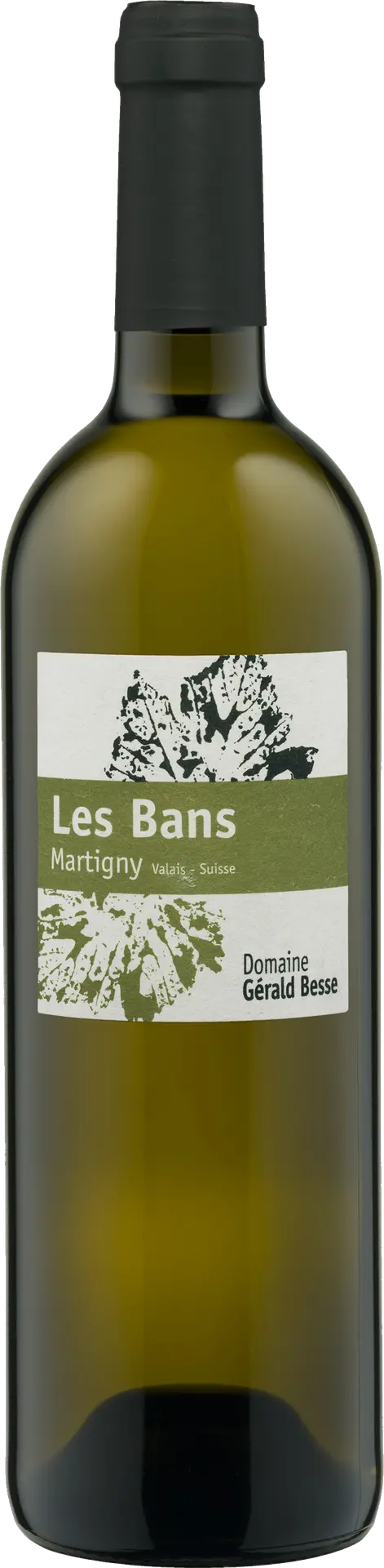 Bouteille de vin blanc Fendant Les Bans du Domaine Gérald Besse, certifié Bio Suisse, présentée pour un exemple de coffret cadeau.